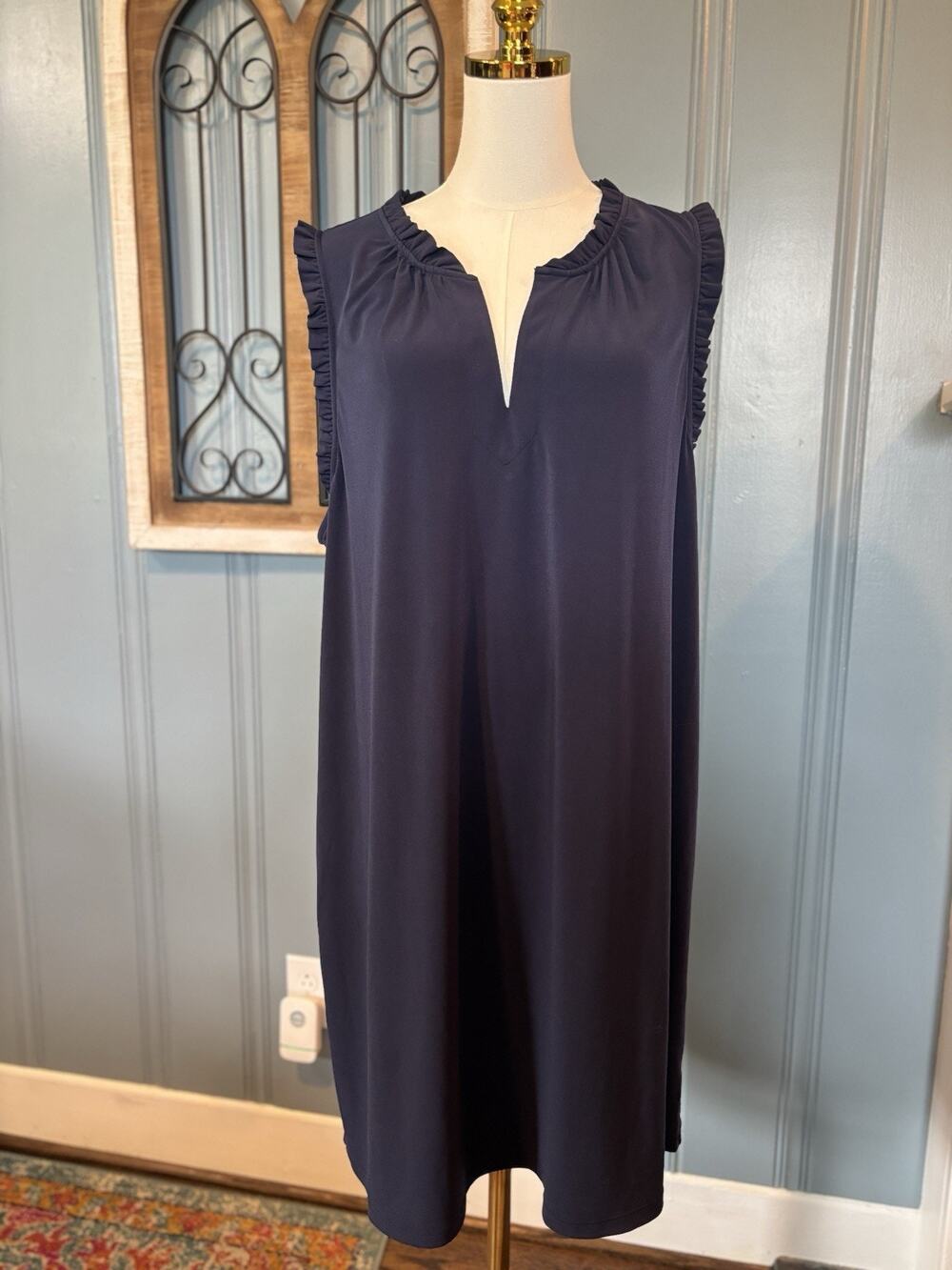 Michael Kors Navy Blue V-Neck Ruffle Sleeveless 2X Knee Length Dress EUC